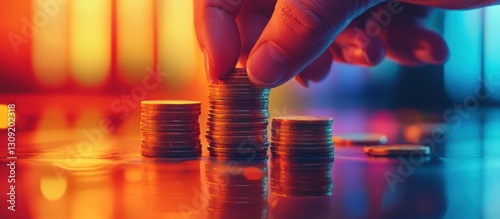 Hand stacking coins, neon background