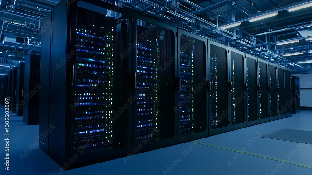 Modern Data Center Interior with Rows of Servers and Blue Lighting Modern Data Center Interior with Rows of Servers and Blue Lighting