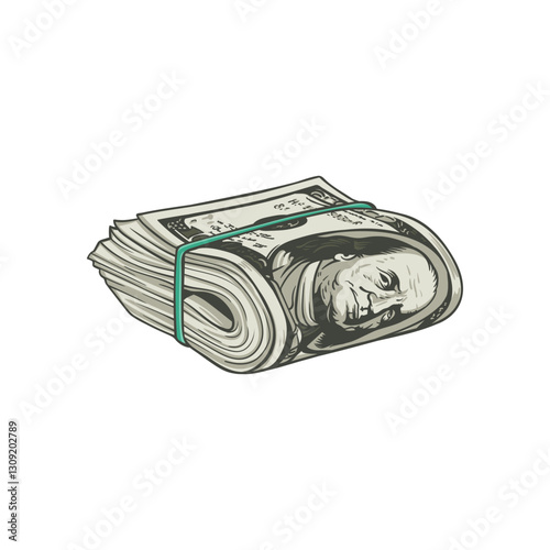 A folded stack of hundred-dollar bills secured with a green rubber band, rendered in a realistic style