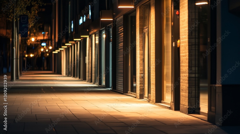 Obraz premium Deserted sidewalk in front of an empty commercial building at night, illuminated by streetlights. Urban nighttime scene with moody atmosphere and quiet streets