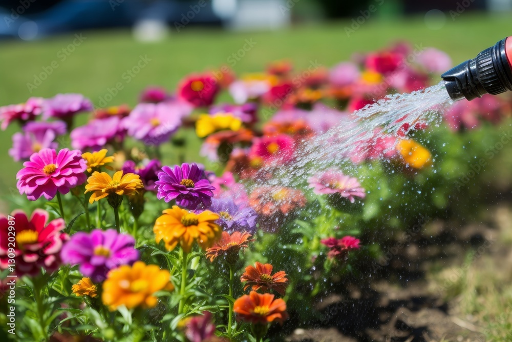 Vibrant Garden, Watering a Row of Colorful Flowers in Full Bloom on a Sunny Summer Day