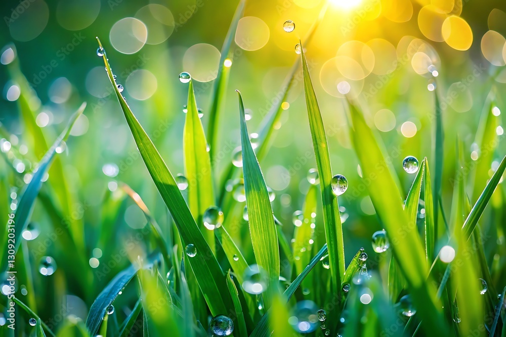 Fototapeta premium Dew-kissed grass blades bathed in morning sunlight