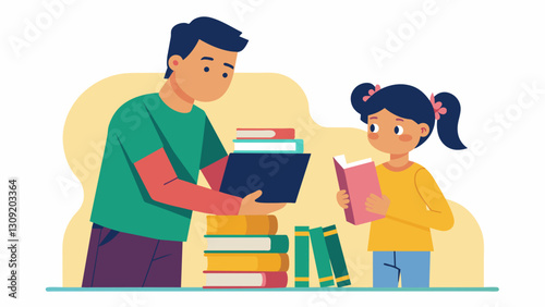 A father helps his daughter pick out a handful of books at a childrens consignment sale encouraging her love for reading while saving money.. Vector illustration