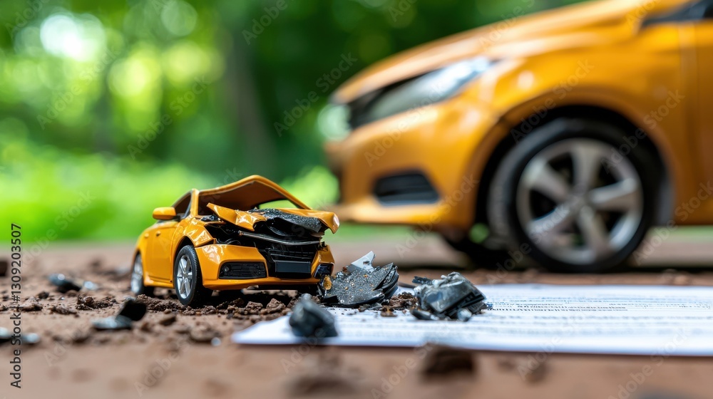 Fototapeta premium Miniature toy car model crashed and damaged in an outdoor field with green nature landscape conveying the concept of speed motion and accident in a creative stylized way