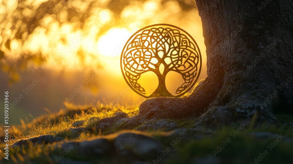 Fototapeta premium Golden Tree of Life Silhouette at Sunset