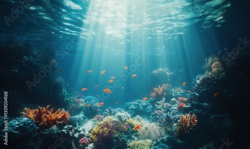 Wallpaper Mural Serene underwater scene with colorful coral reefs and fish swimming gracefully, illuminated by sunlight filtering through clear blue water Torontodigital.ca