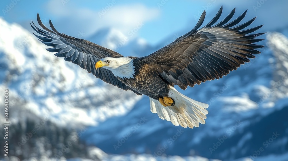 Obraz premium Majestic eagle soaring, snowy mountains backdrop