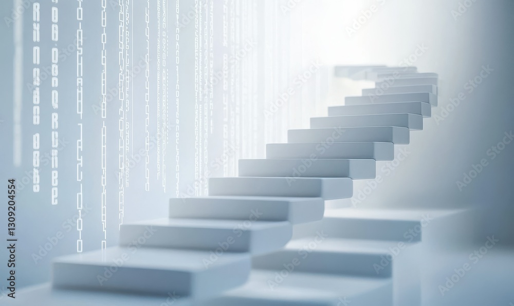 Obraz premium Digital Progression: Minimalist Binary Code Staircase Ascending Towards Technological Advancement
