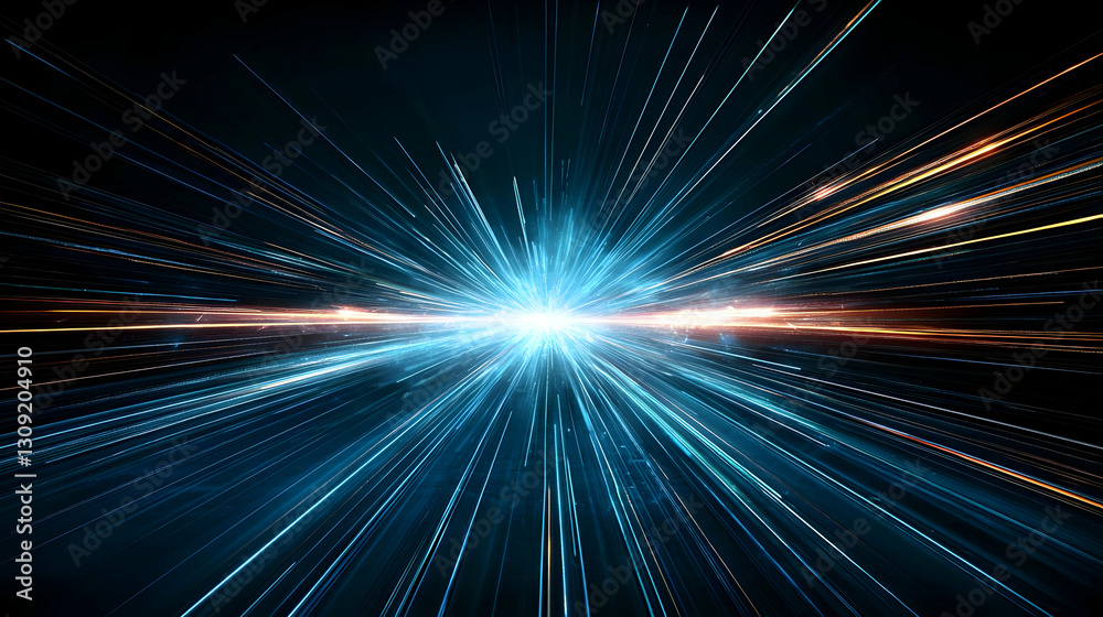 Obraz premium Abstract Digital Light Burst With Blue And Gold Linear Trails Emerging From A Central Bright Point