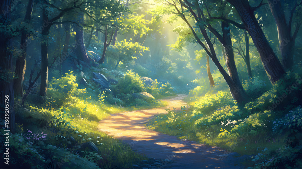 Fototapeta premium Sunlit Path Through a Lush Green Forest