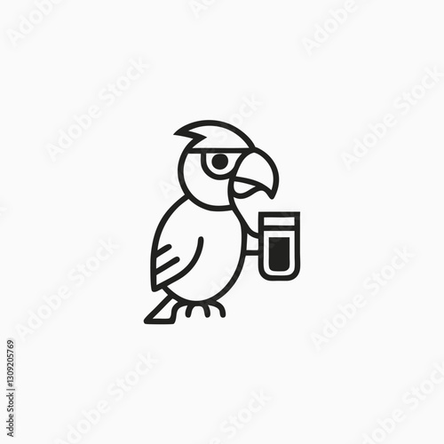 cartoon cute silhouette bird holding drink in glass. 
minimalist head logo, Icon, element. Vector illustration