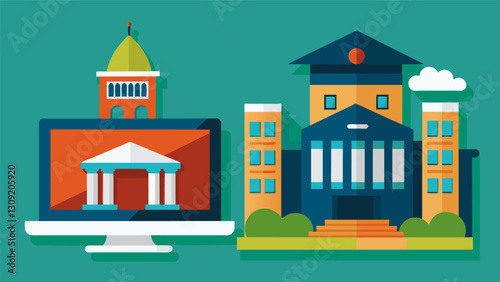 The image of traditional college buildings contrasted with a digital screen displaying a virtual classroom emphasizing the cost differences between. Vector illustration