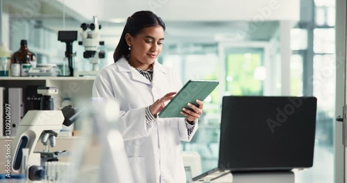 Wallpaper Mural Woman, scientist and scroll on tablet in lab for research, medical report and record investigation. Person, digital and feedback for experiment, review checklist and healthcare information on vaccine Torontodigital.ca