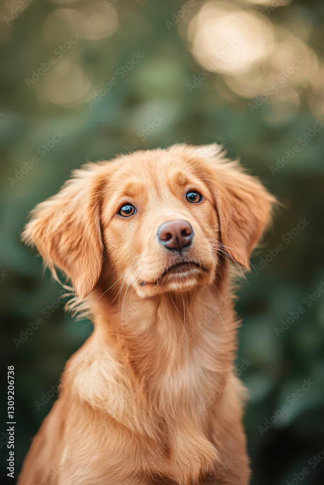 Captivating Portrait of an Adorable Golden Puppy with Expressive Blue Eyes Amidst a Lush Green Background Captivating Portrait of an Adorable Golden Puppy with Expressive Blue Eyes Amidst a Lush Green Background