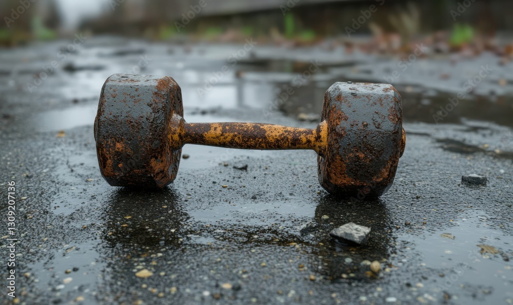 A Single Rusty Dumbbell on Wet Pavement A Single Rusty Dumbbell on Wet Pavement