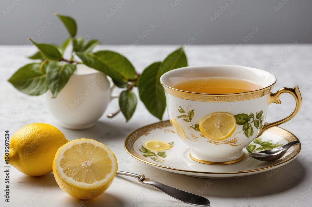 Refreshing lemon tea served in elegant china Refreshing lemon tea served in elegant china