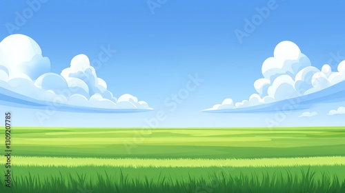 Vast Green Field Under a Bright Blue Sky with Puffy White Clouds