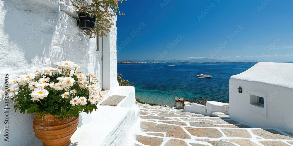 Fototapeta premium A vase of flowers on the white steps of a Greek house. In the background a white and bluish bay.AI generative.