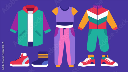 A mix of 80s and 90s streetwear with track suits crop tops and chunky sneakers in vibrant colors.. Vector illustration