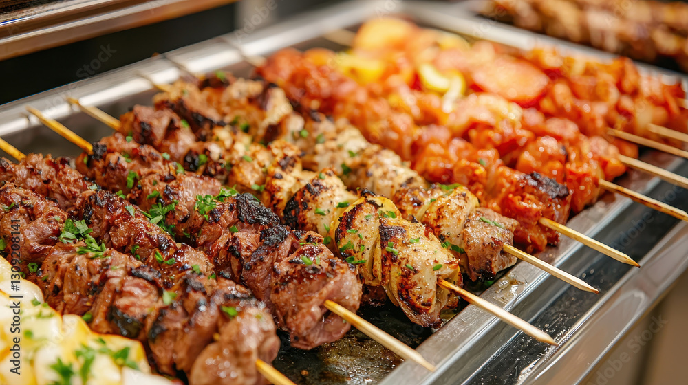 Grilled kebab skewers with herbs on serving tray Grilled kebab skewers with herbs on serving tray