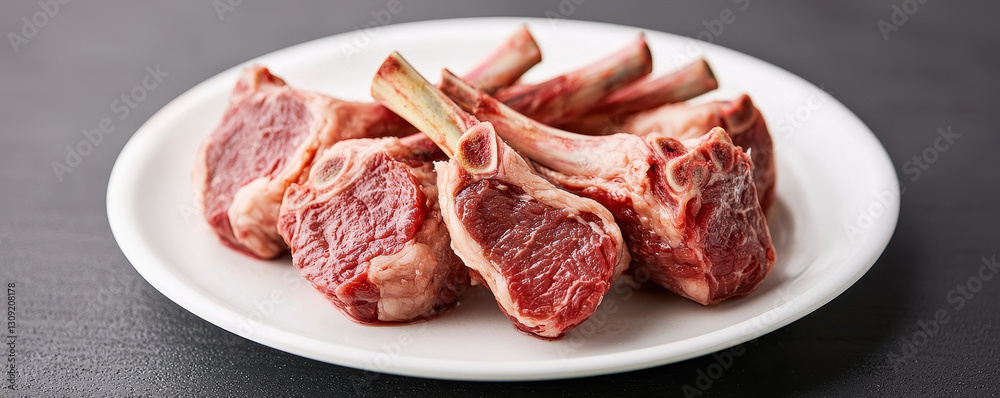 Raw lamb chops on white plate, ready for cooking Raw lamb chops on white plate, ready for cooking