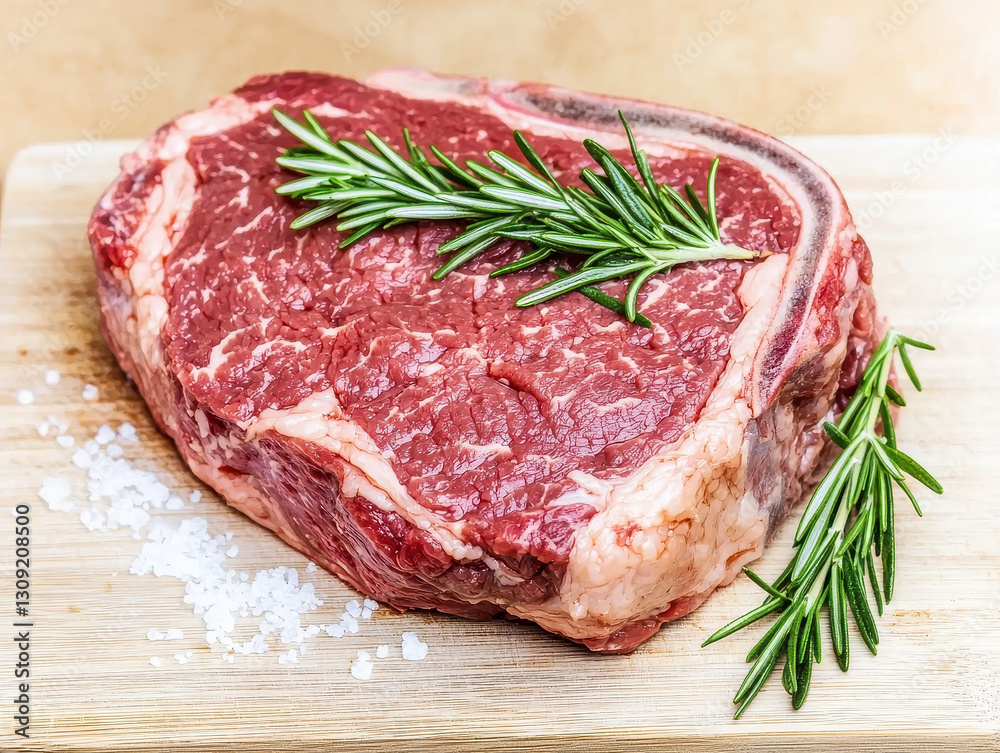 Raw beef steak with rosemary on wooden cutting board Raw beef steak with rosemary on wooden cutting board