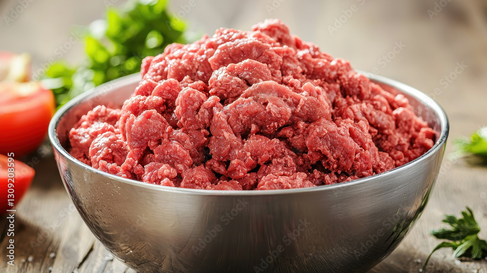 Freshly ground beef in stainless steel bowl on wooden table Freshly ground beef in stainless steel bowl on wooden table