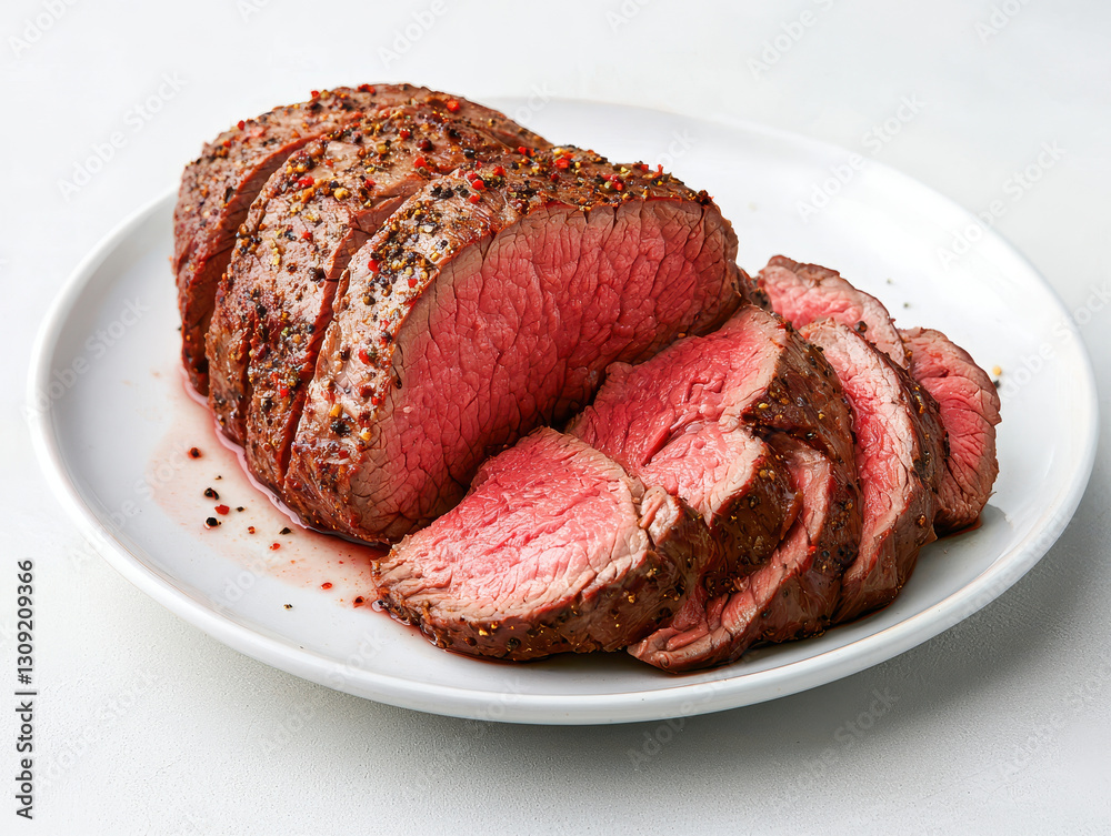 Sliced beef tenderloin on white plate, seasoned with spices Sliced beef tenderloin on white plate, seasoned with spices