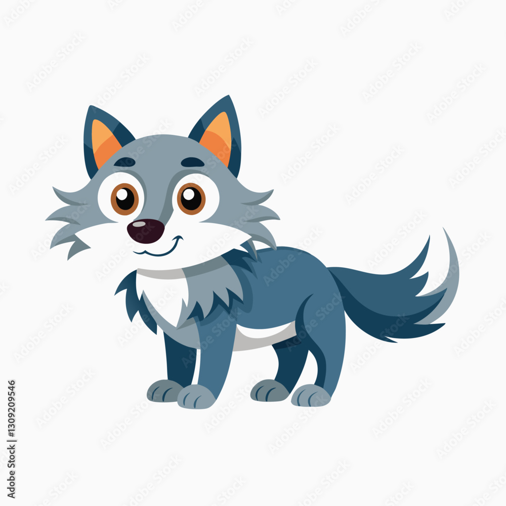 Flat vector illustration. Cute gray kind wolf. Baby wolf Animal flat vector illustration Flat vector illustration. Cute gray kind wolf. Baby wolf Animal flat vector illustration