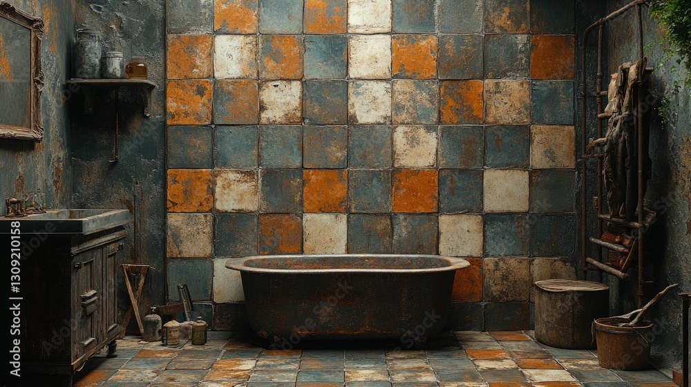 Rustic bathroom, aged metal tub, checkered tiles. Rustic bathroom, aged metal tub, checkered tiles.