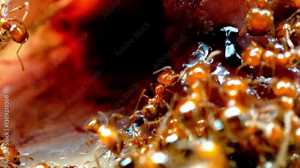 A detailed macro photograph of fire ants collectively foraging on a food source, showcasing their teamwork and natural behavior in an outdoor environment.