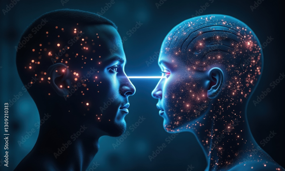 Obraz premium AI Connection: Human & Robot Faces - AI & Technology