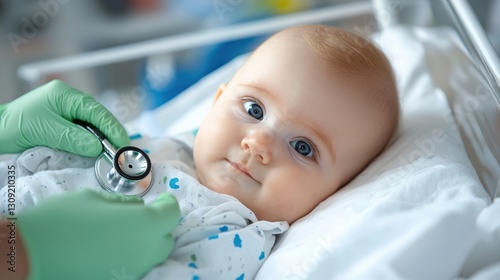 Newborn baby resting peacefully on medical bed while being examined and monitored by caring healthcare professionals including a doctor and nurse in a hospital setting photo