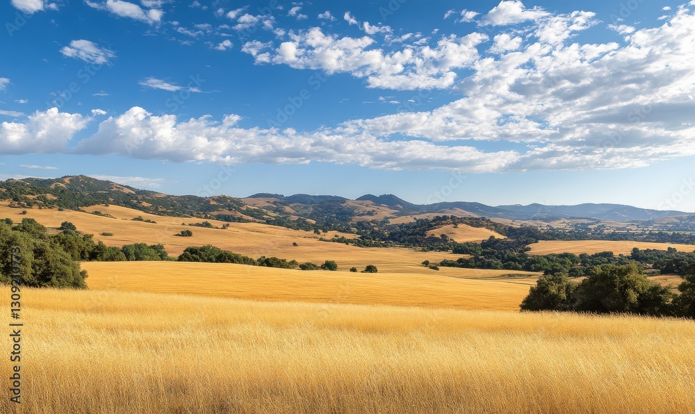 Fototapeta premium Expansive golden fields under a bright blue sky with clouds.