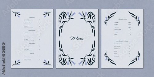 Elegant Wedding and Restaurant Menu Design with Ornate Botanical Frame. Classic Vintage Layout for Invitations, Flyers, Business Cards, and Social Media. Vector Illustration.
