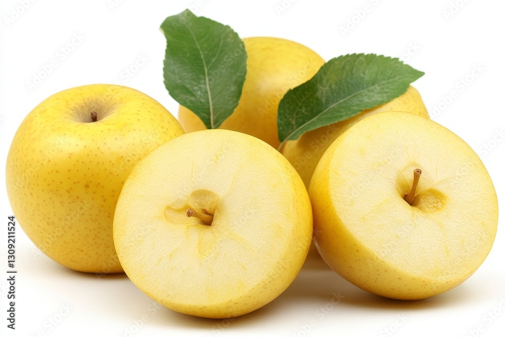 Ripe Yellow Golden Delicious Apples, Whole and Halved, with Leaves, Isolated on White Ripe Yellow Golden Delicious Apples, Whole and Halved, with Leaves, Isolated on White