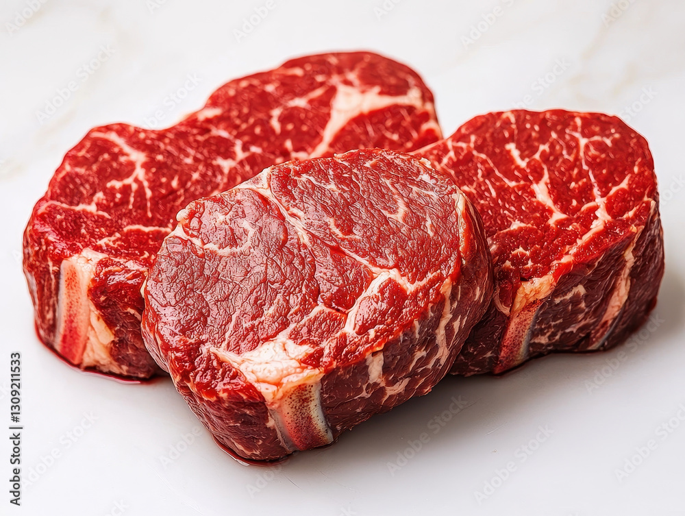 Obraz premium Three marbled beef steaks on white surface