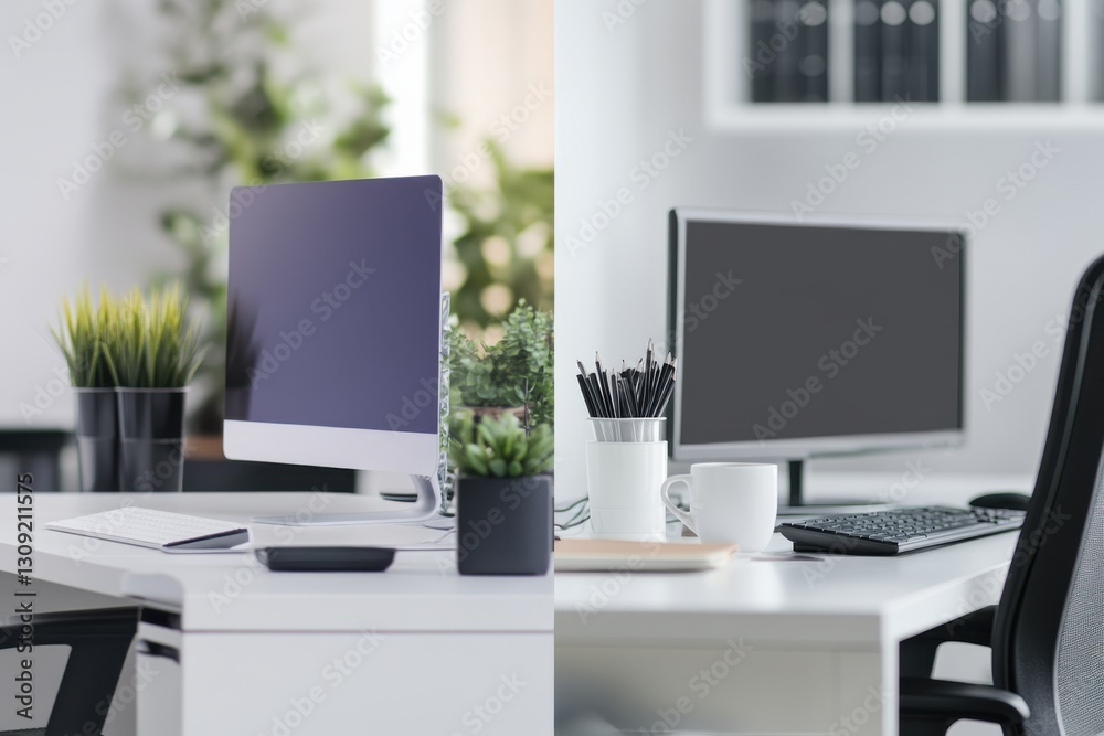 Modern Minimalist Office Workspace with Greenery and Technology Modern Minimalist Office Workspace with Greenery and Technology