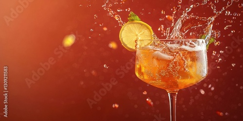 Floating cocktail with lemonade and vodka splashes on a rich terracotta background