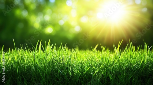 Lush emerald grass bathed in radiant sunlight casts a warm, golden glow across a serene meadow. Dew glistens like diamonds amid vibrant greens