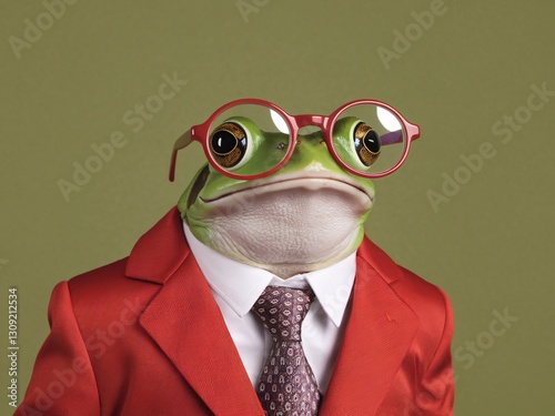 A quirky frog in a red suit and oversized glasses, exuding a playful and humorous vibe.