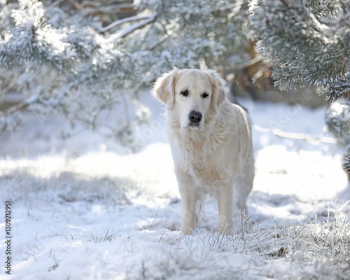 Cute white golden retriever dog in winter park. Sad lonely dog outdoor