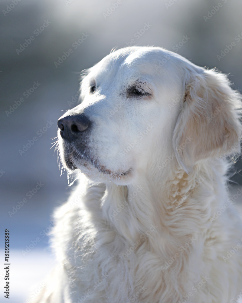 Cute white golden retriever dog in winter park. Sad lonely dog outdoor Cute white golden retriever dog in winter park. Sad lonely dog outdoor