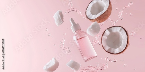 Floating coconut oil bottles with soft light on a soft pink background