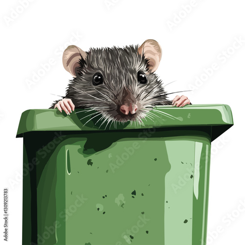 Close-Up Rat Peeking from Green Trash Bin