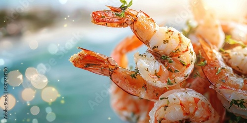 Floating cooked shrimp with herbs on a blurred coastal background