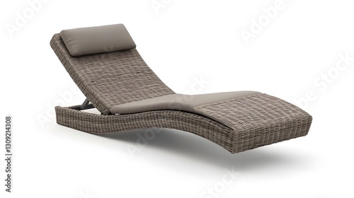 A modern sun lounger with a woven rattan design and adjustable reclining position, floating against a white background