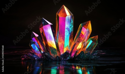 Wallpaper Mural Multicolored crystal glowing with prismatic light on a black reflective surface, evoking a magical and luxurious mood Torontodigital.ca