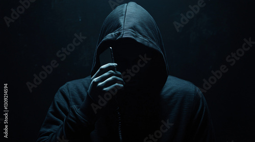 Mysterious Figure with Hoodie Holding Phone in Dark Environment