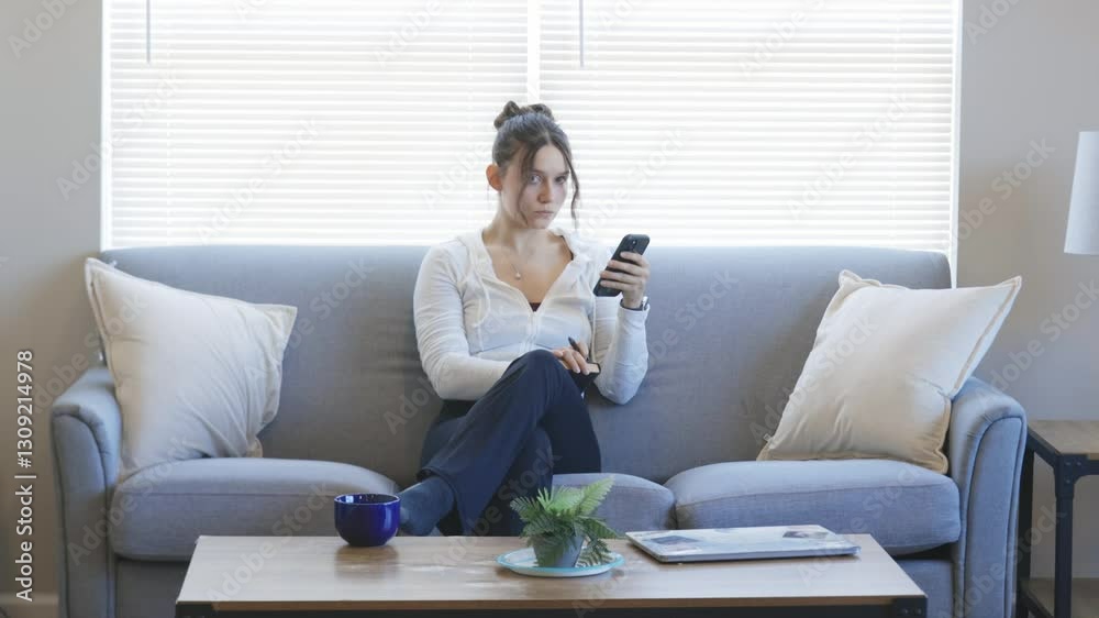 Stylish young woman browsing her phone in soft natural light. Stylish young woman browsing her phone in soft natural light.